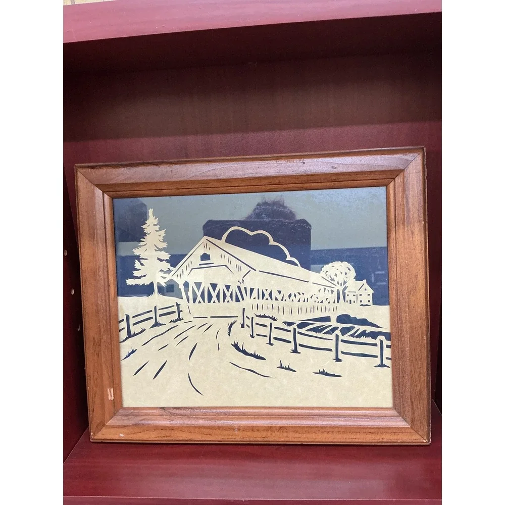 Rare Vintage Brenda Miller Scherenschnitte‎ Paper Cutting Covered Bridge Framed